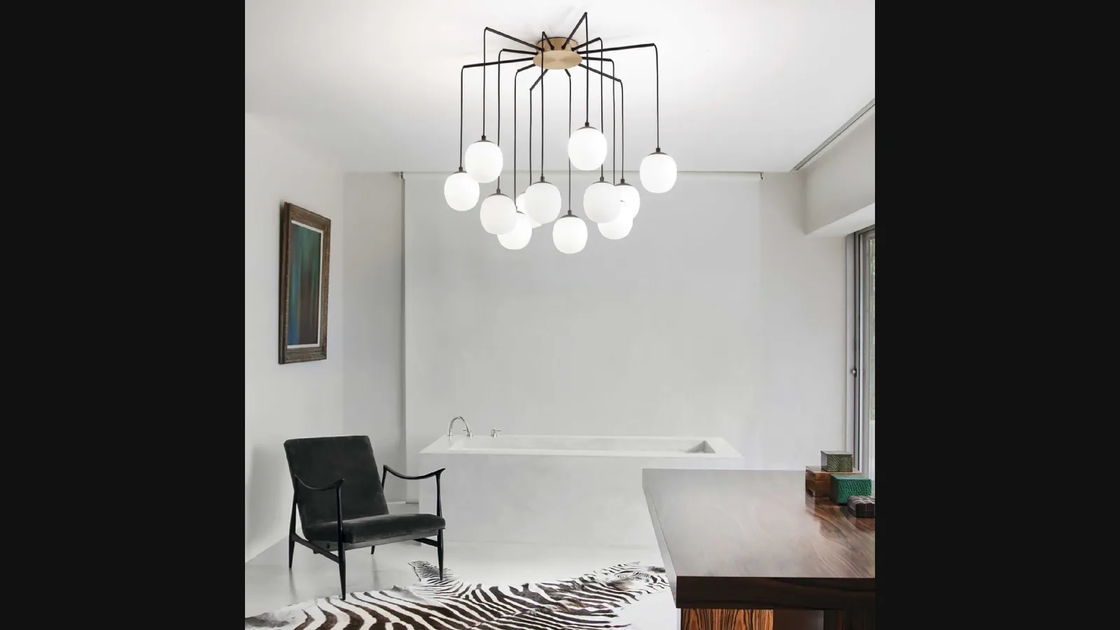 Lampada a sospensione Rhapsody in metallo con diffusori in vetro soffiato bianco acidato di Ideal Lux