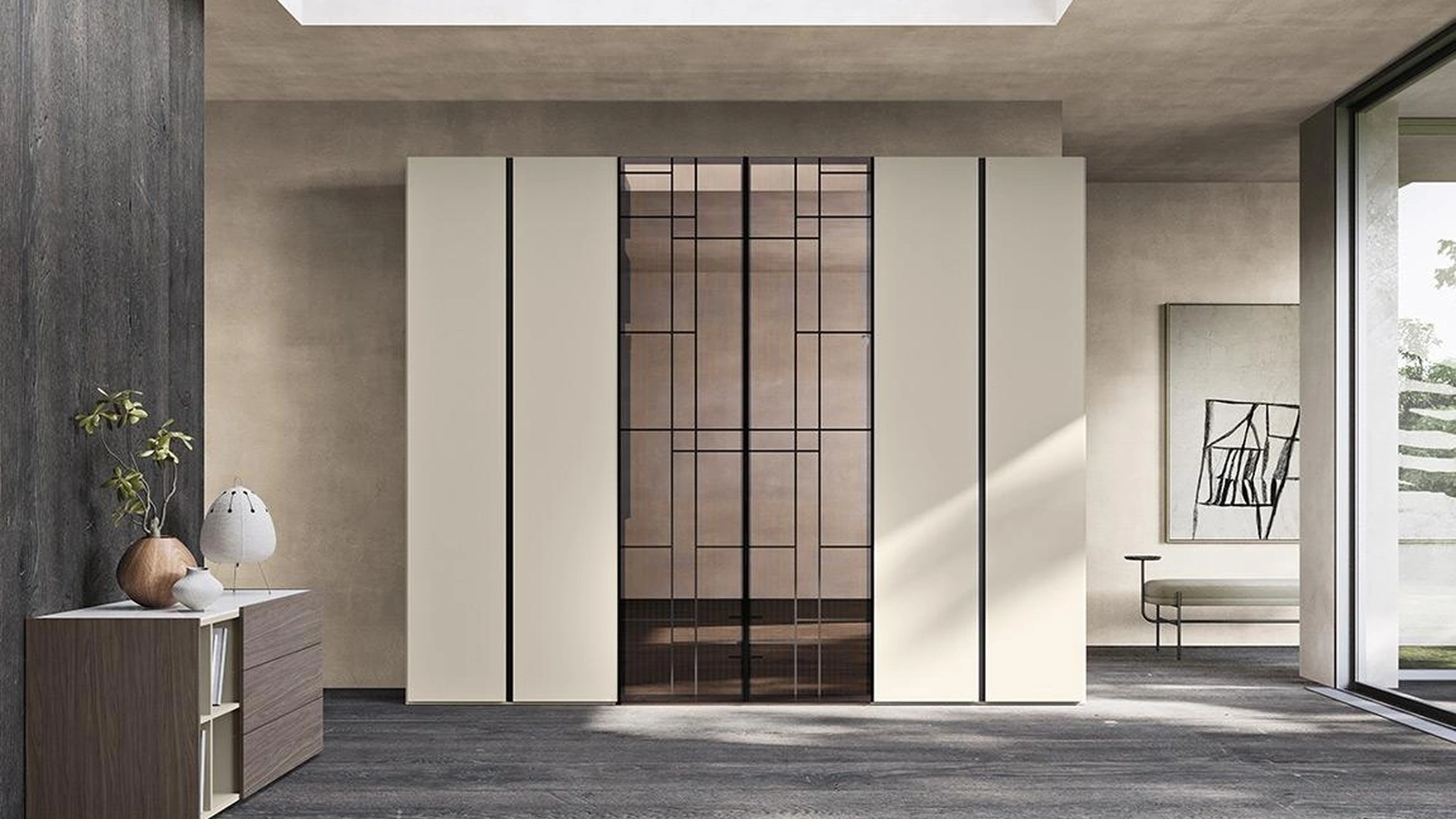 Armadio con ante battenti in laccato e a soffietto in vetro Comp N20 in laccato e vetro di Mobilgam