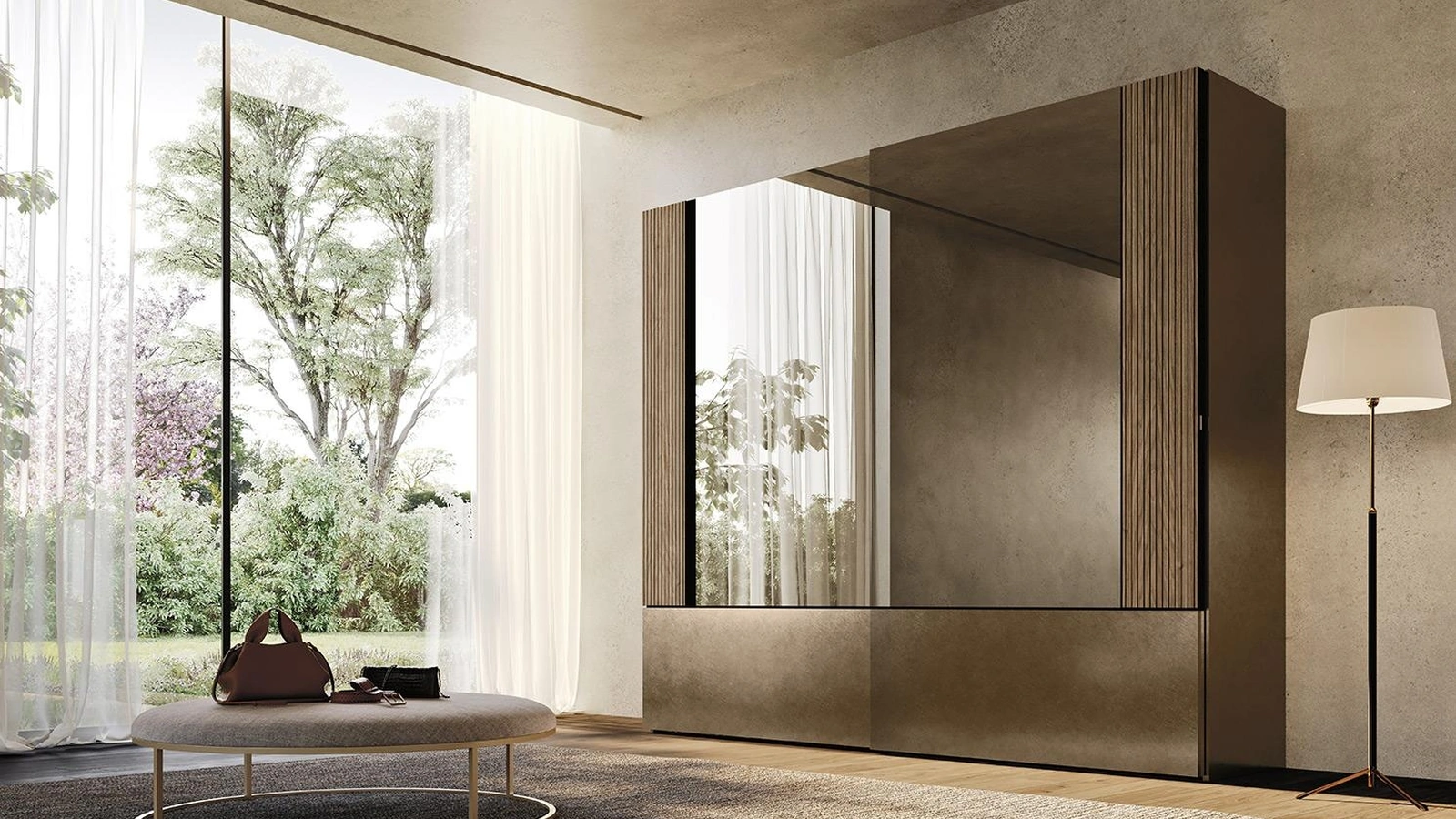 Armadio con ante scorrevoli in laccato ottone e specchio centrale Comp N28 di Mobilgam