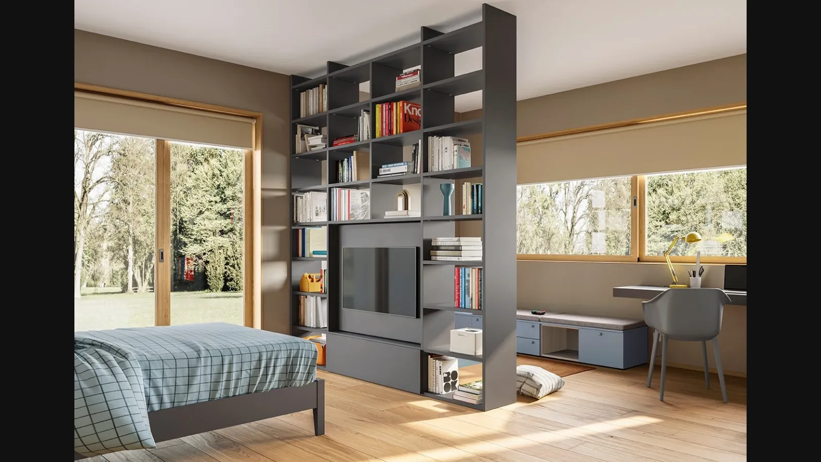 Cameretta Golf Y02 con angolo studio separato da una libreria bifacciale di Colombini Casa