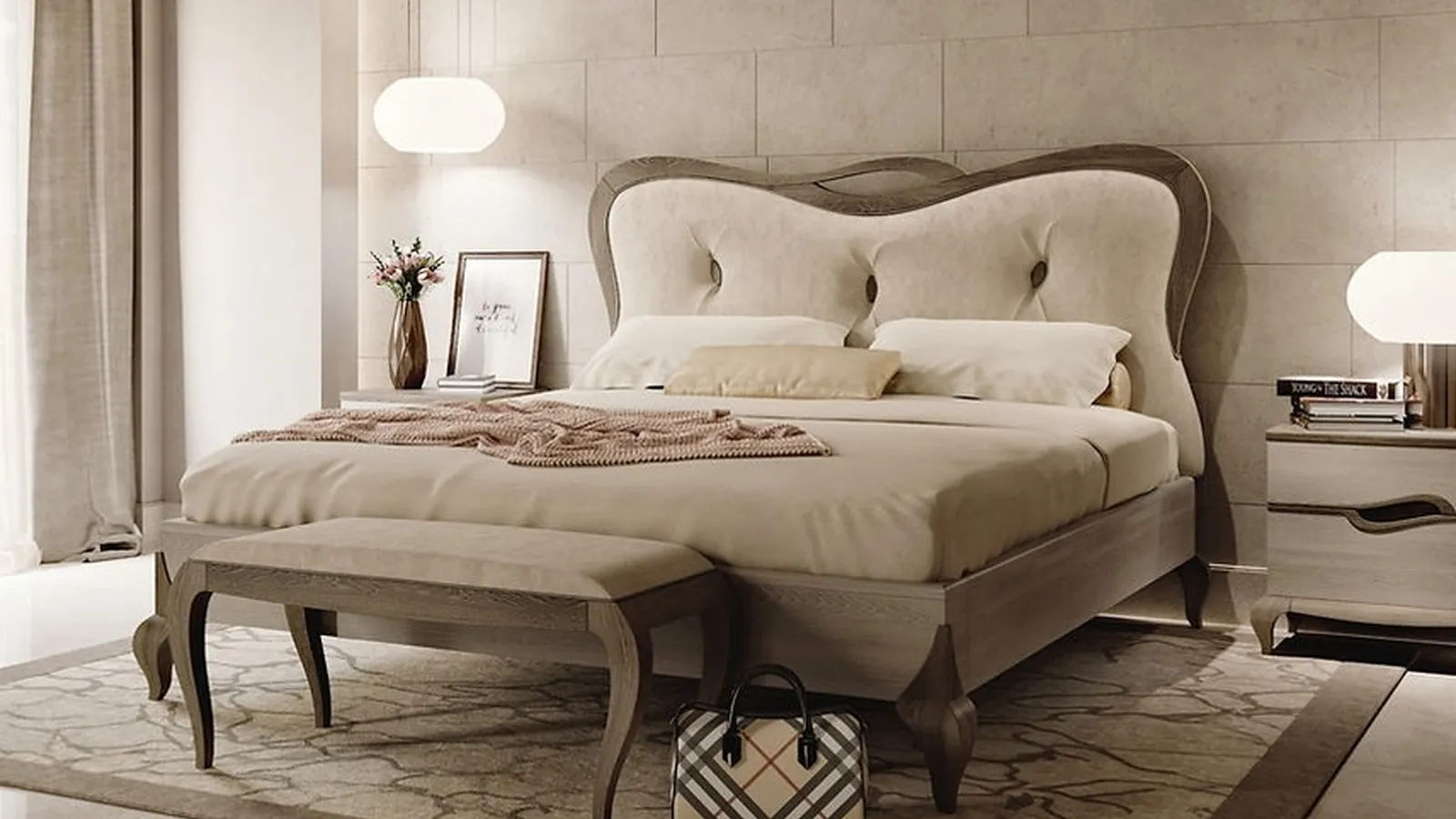 Letto matrimoniale in legno con testiera in tessuto imbottito Touchet di Fasolin