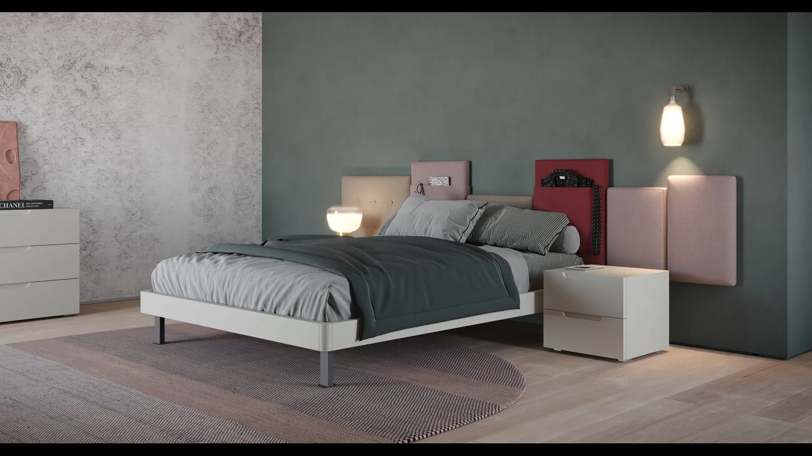 Letto laccato opaco con testiera in tessuto City di Giessegi