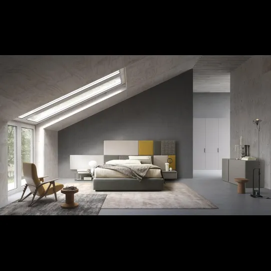 Letto sommier Tetris con testiera boiserie in tessuto imbottito di Mobilgam