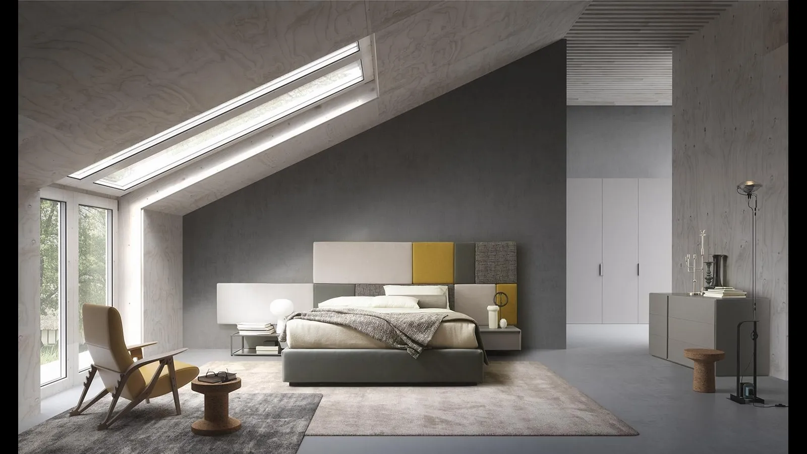 Letto sommier Tetris con testiera boiserie in tessuto imbottito di Mobilgam