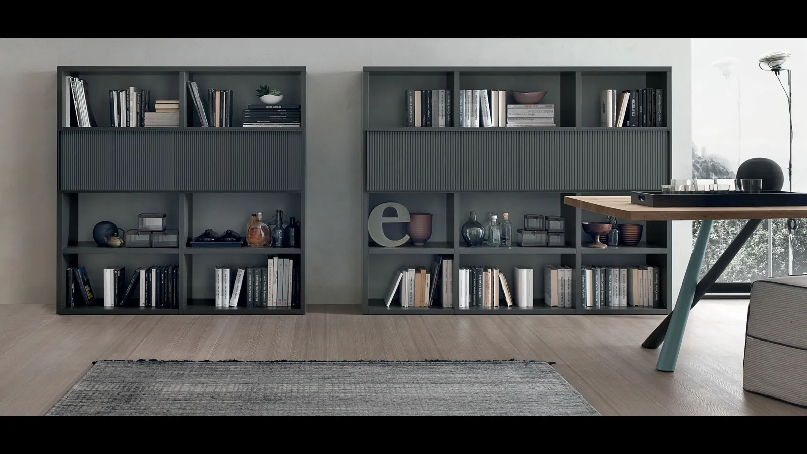 Libreria Atlante UNIT AT207 in materico opaco antracite e laccato opaco canetté antracite di Tomasella