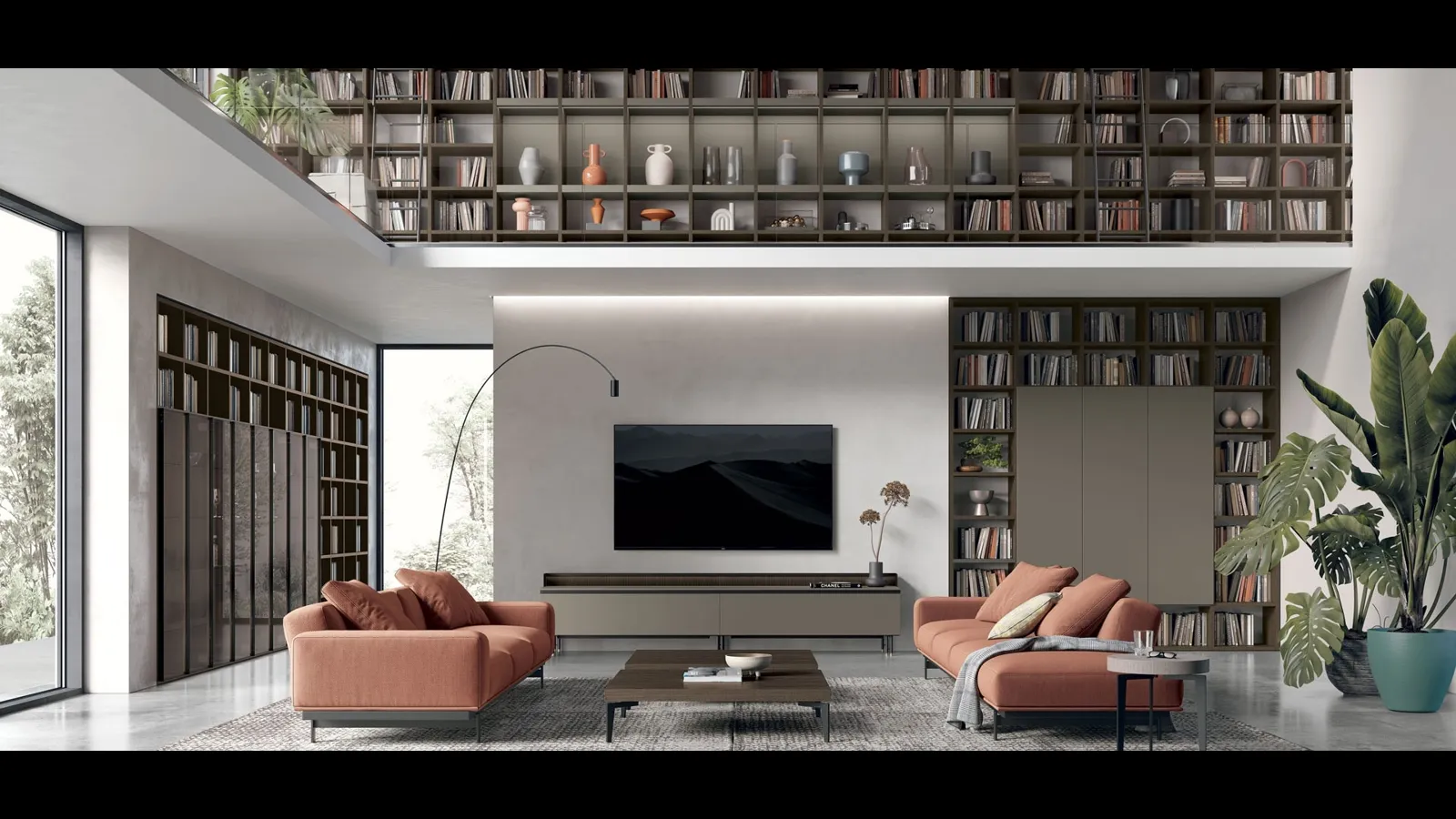 Libreria Atlante UNIT AT222 in materico rovere moka e laccato metallizzato ghisa di Tomasella