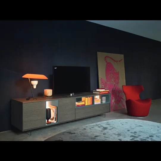 Mobile Porta Tv Lampo Open con riquadro 41 in Rovere Grigio e laccato opaco di Sangiacomo