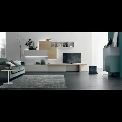 Parete Attrezzata Atlante UNIT AT126 in laccato opaco ghiaccio e legno rovere sabbia di Tomasella