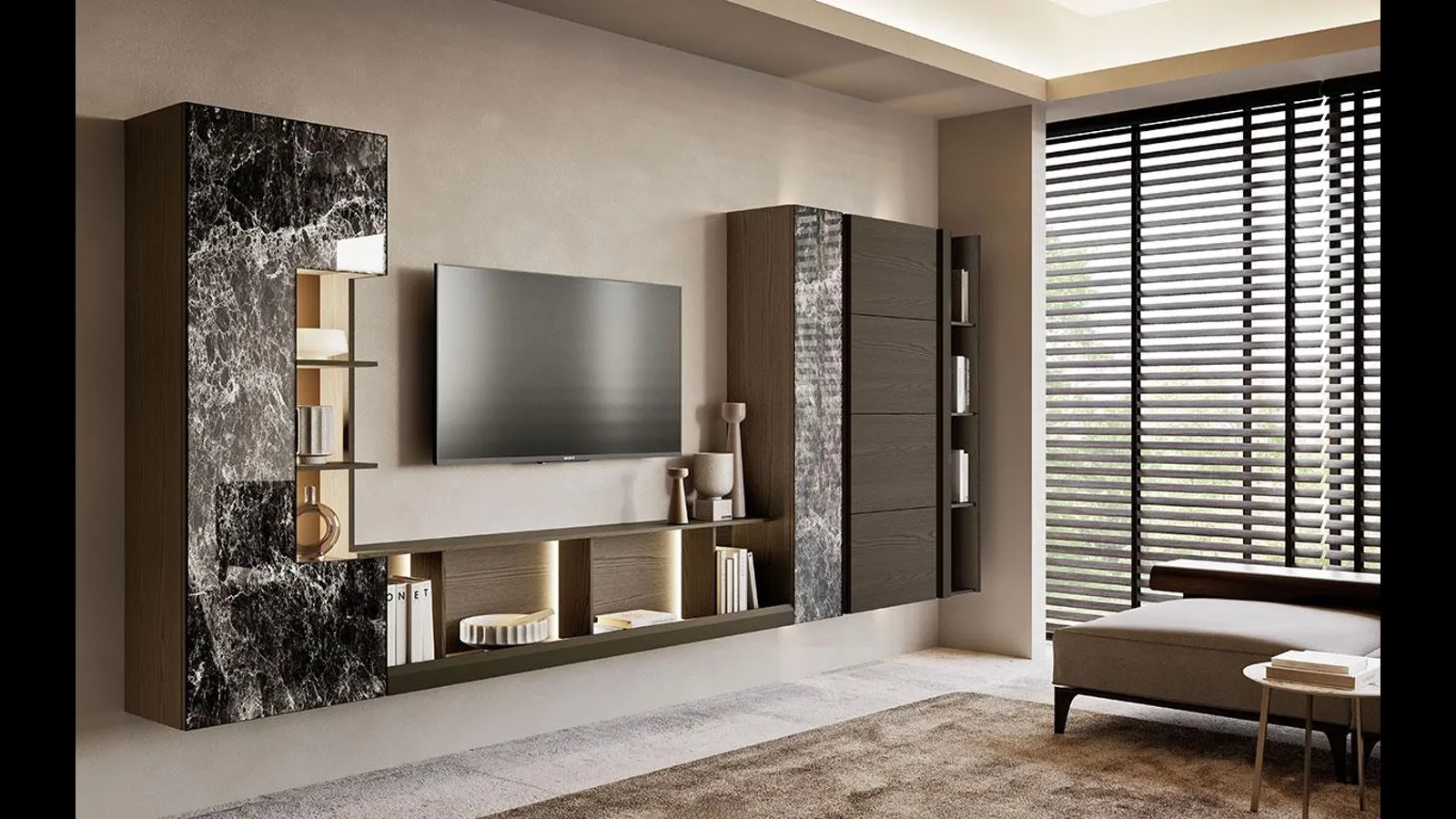 Parete Attrezzata Composizione Horizon 1001 in legno e vetro di Mobilgam