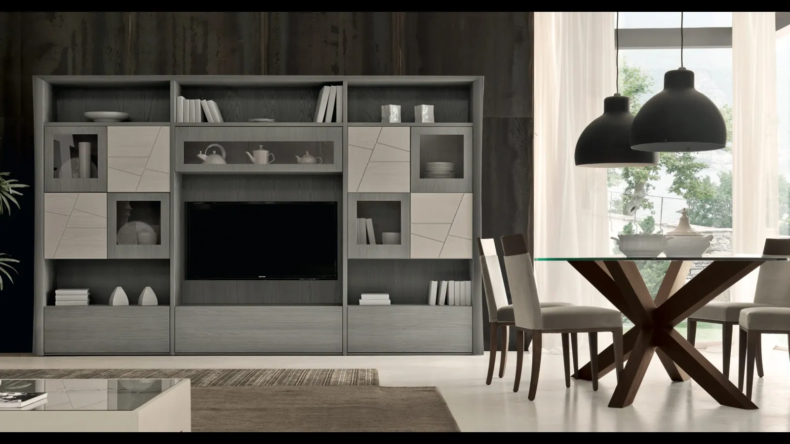 Parete Attrezzata in legno di frassino con ante decorate e in vetro Decor Comp 219 di Modo 10