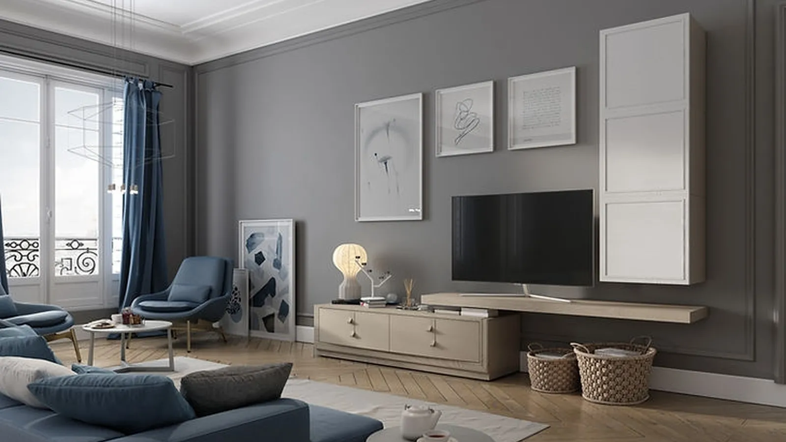 Parete Attrezzata Flor 47F13 finitura Avena e Gesso di Fasolin