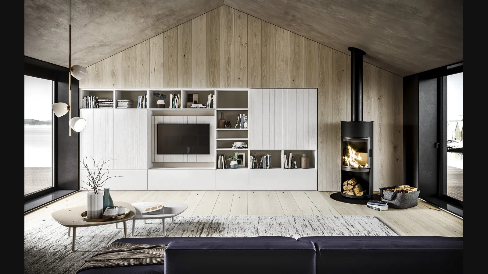 Parete Attrezzata in legno finitura bianco gesso con TV a scomparsa M05 Maestrale di Scandola