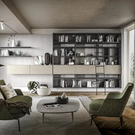 Parete Attrezzata sospesa con libreria M04 Maestrale in legno e laccato di Scandola