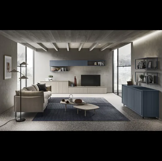 Parete Attrezzata in legno laccatoTortora e Cobalto M09 Maestrale di Scandola