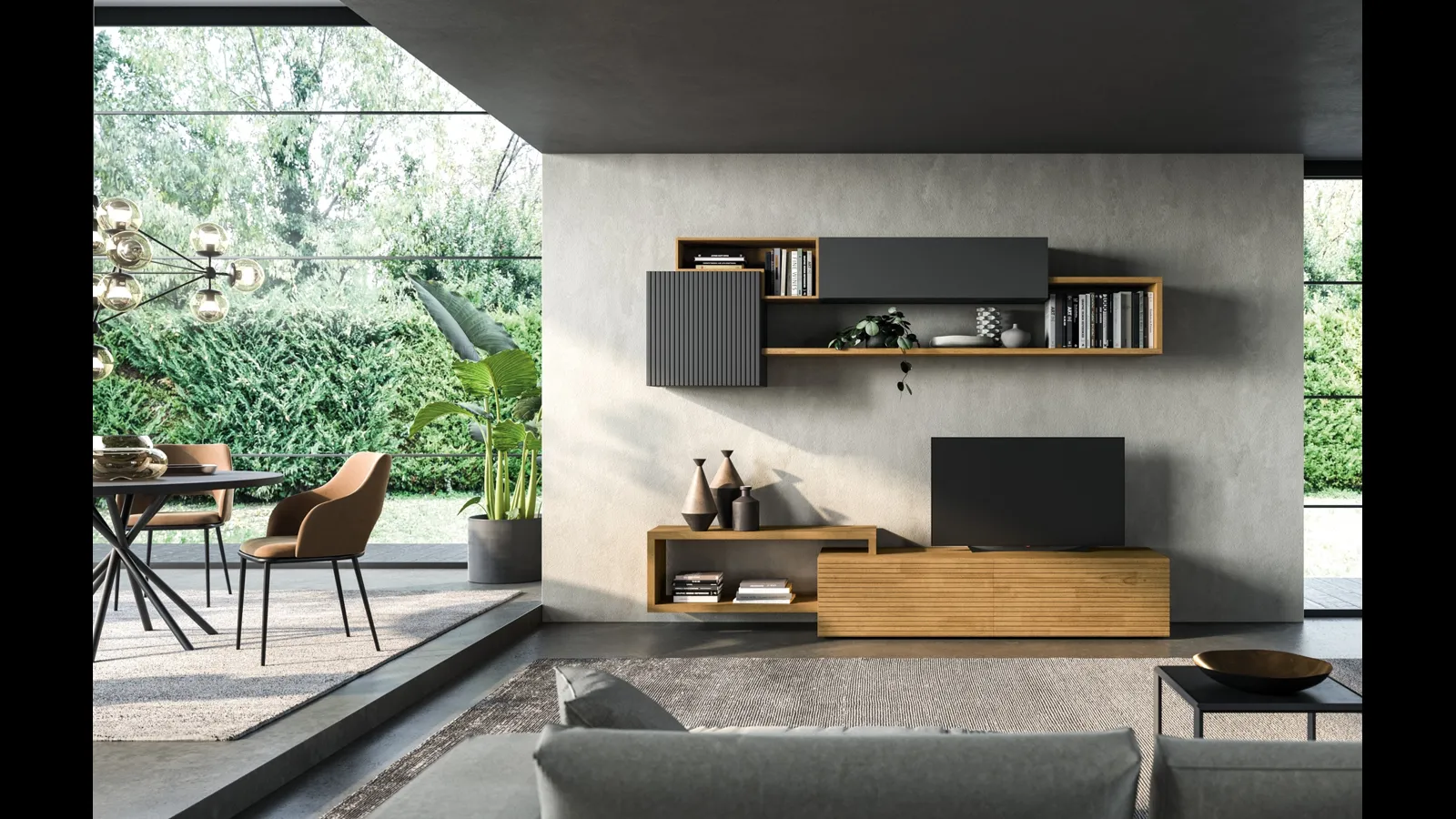 Parete Attrezzata in legno cannettato naturale e laccato Mixer 05 di FGF Mobili