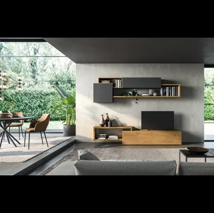 Parete Attrezzata in legno cannettato naturale e laccato Mixer 05 di FGF Mobili