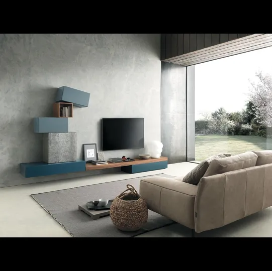 Parete Attrezzata Composizione Horizon 906 in laccato opaco, materico e legno di Mobilgam