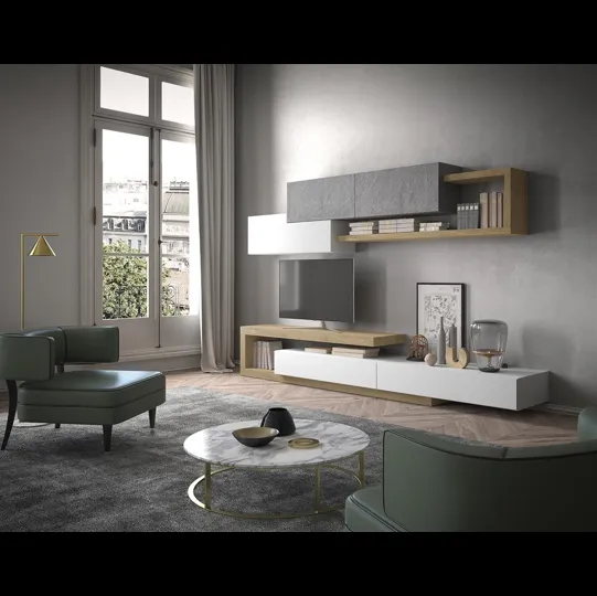 Parete Attrezzata Composizione Horizon 936 in legno, laccato opaco e pietra di Mobilgam