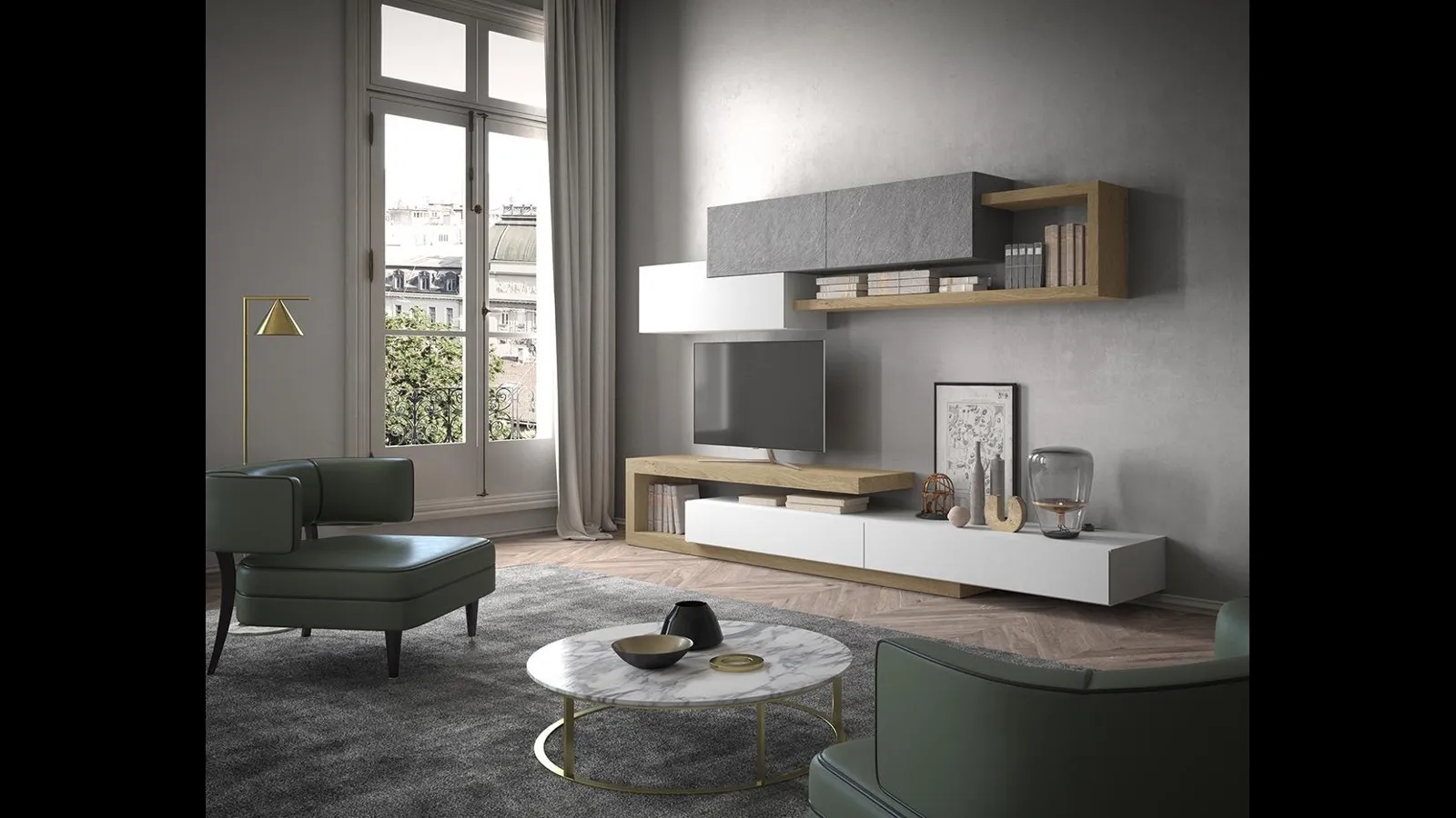 Parete Attrezzata Composizione Horizon 936 in legno, laccato opaco e pietra di Mobilgam