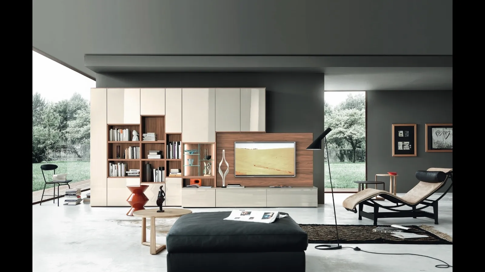 Parete Attrezzata Modo M6C66 in laccato lucido Canapa e Noce impiallacciato di Sangiacomo