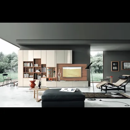 Parete Attrezzata Modo M6C66 in laccato lucido Canapa e Noce impiallacciato di Sangiacomo