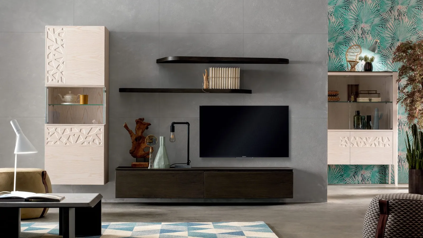 Parete Attrezzata sospesa in finitura frassino Sigaro e frassino Latte con decori Moon Comp 022 di Modo 10