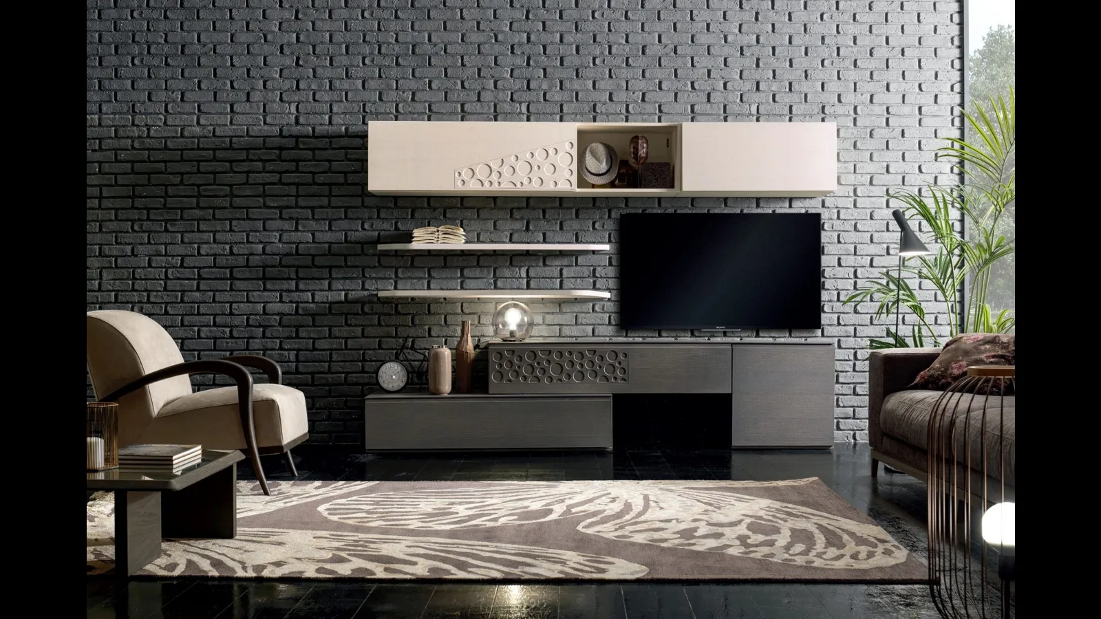 Parete Attrezzata decorata con basi in frassino Cenere e pensili in frassino Latte Moon Comp 024 di Modo 10