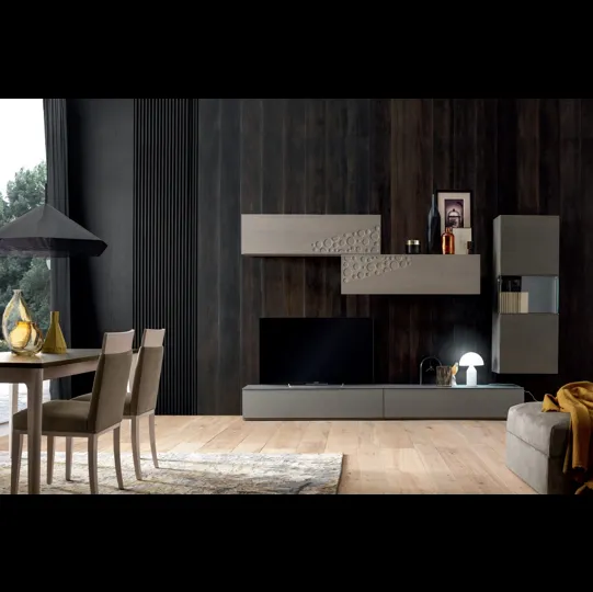 Parete Attrezzata in finitura frassino Fumo, Perla e Cenere con ante decorate Moon Comp 034 di Modo 10