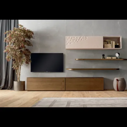 Parete Attrezzata in frassino Castagna e frassino Latte con decoro Moon Comp 038 di Modo 10