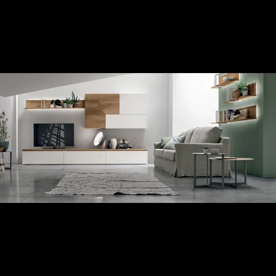 Parete Attrezzata Atlante UNIT AT129 in materico nodato chiaro e materico opaco bianco gesso di Tomasella