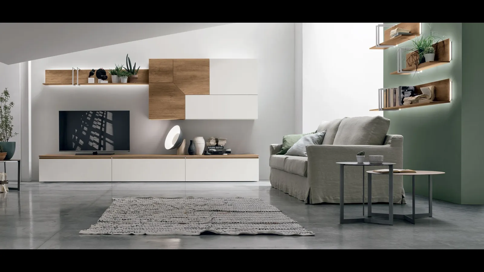 Parete Attrezzata Atlante UNIT AT129 in materico nodato chiaro e materico opaco bianco gesso di Tomasella