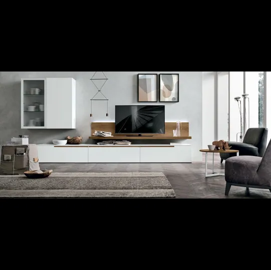 Parete Attrezzata Atlante UNIT AT130 in materico opaco bianco gesso e materico nodato chiaro di Tomasella