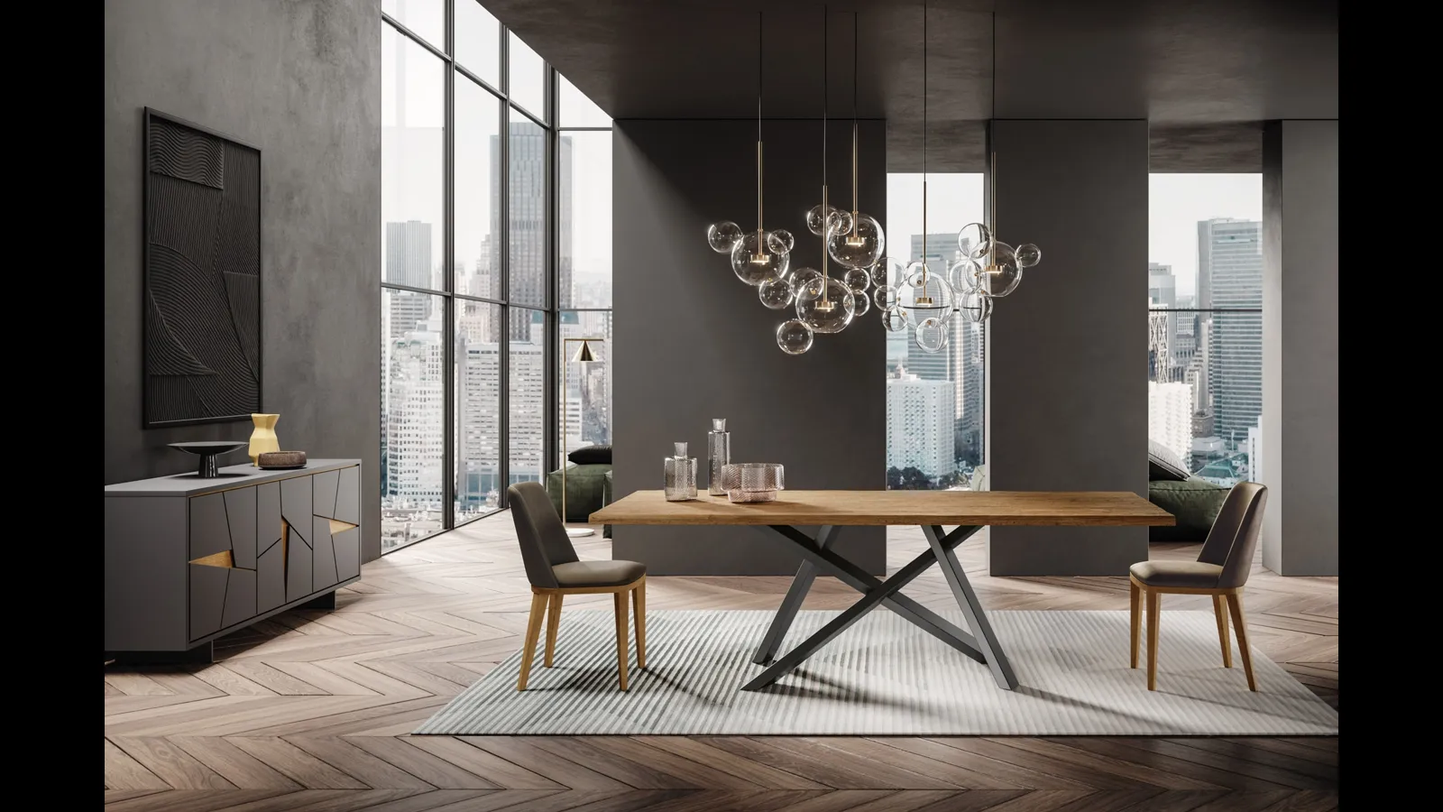 Tavolo Crossing in legno di rovere finitura Groove con base in metallo di FGF Mobili