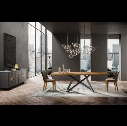 Tavolo Crossing in legno di rovere finitura Groove con base in metallo di FGF Mobili