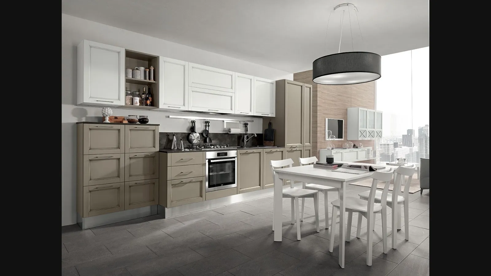 Cucina Classica lineare Sinfonia 05 in laccato anticato Grigio Sabbia e Bianco di Colombini Casa Artec