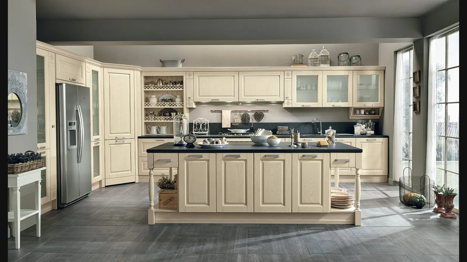 Cucina Classica con isola Opera 02 in legno naturale Avorio di Colombini Casa Artec