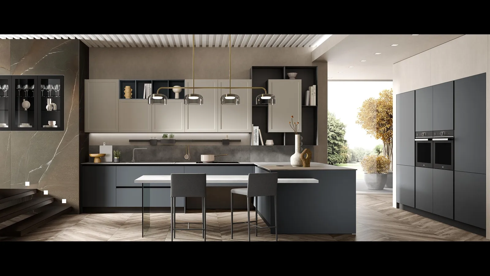 Cucina Moderna con penisola Gaia Pet blu opaco di Mobilturi