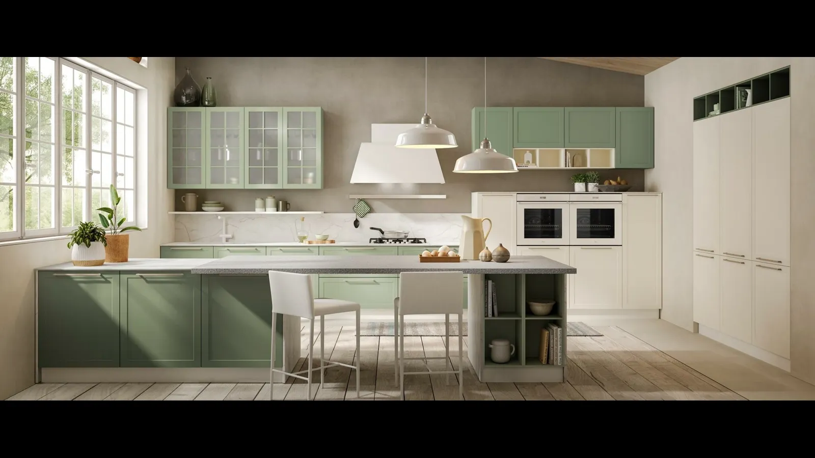 Cucina Moderna con penisola Gaia Pet verde opaco di Mobilturi