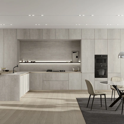 Cucina Moderna con penisola Luxea 01 in laminam Pietra di Savoia di Colombini Casa Artec