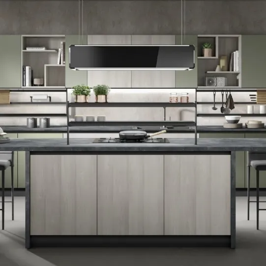 Cucina Moderna con isola Nevada finitura larice grigio e verde oliva opaco di Mobilturi
