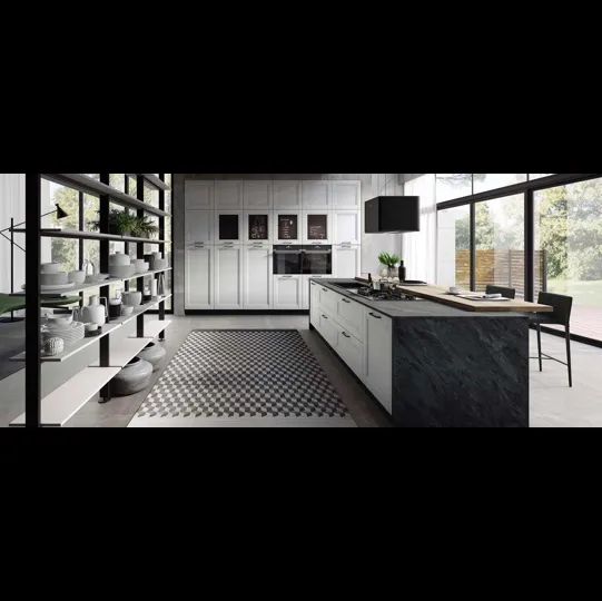 Cucina Moderna con isola Nina in legno massello laccato Bianco e top in laminato di Mobilturi