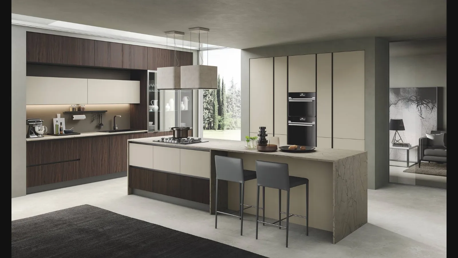 Cucina Moderna con isola Pop noce bruciato e corda di Mobilturi