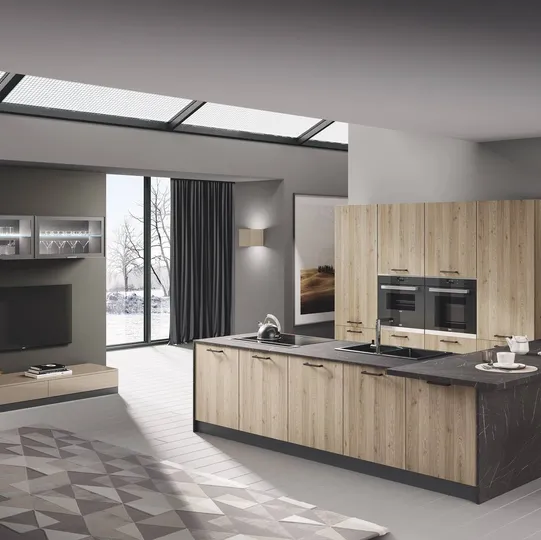 Cucina Moderna con penisola Pop rovere corteccia e tortora lucido di Mobilturi