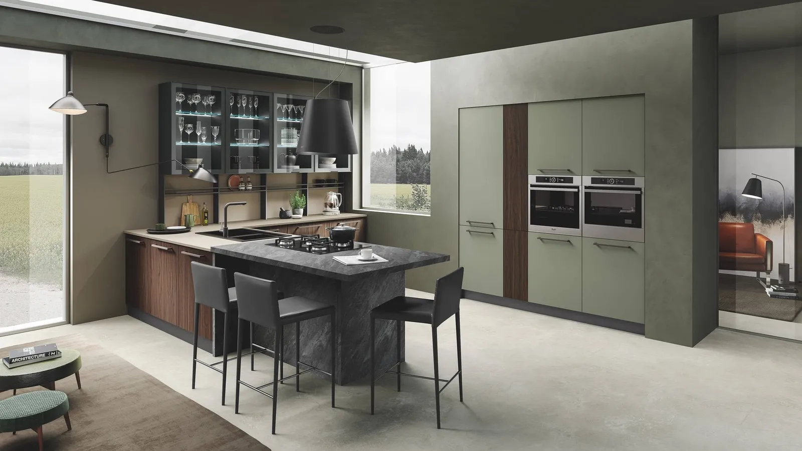 Cucina Moderna con penisola Pop noce bruciato e verde muschio di Mobilturi