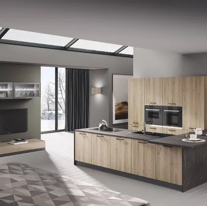 Cucina Moderna con penisola Pop rovere corteccia e tortora lucido di Mobilturi