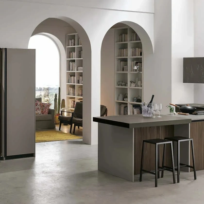 Cucina Moderna con penisola Metropolis 04 in Larice Brown e Pet di Stosa