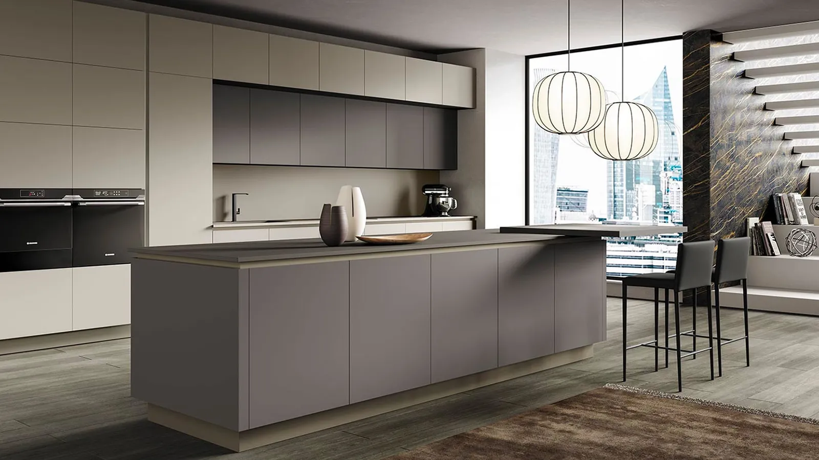 Cucina Moderna con isola Stratos in fenix grigio di Mobilturi