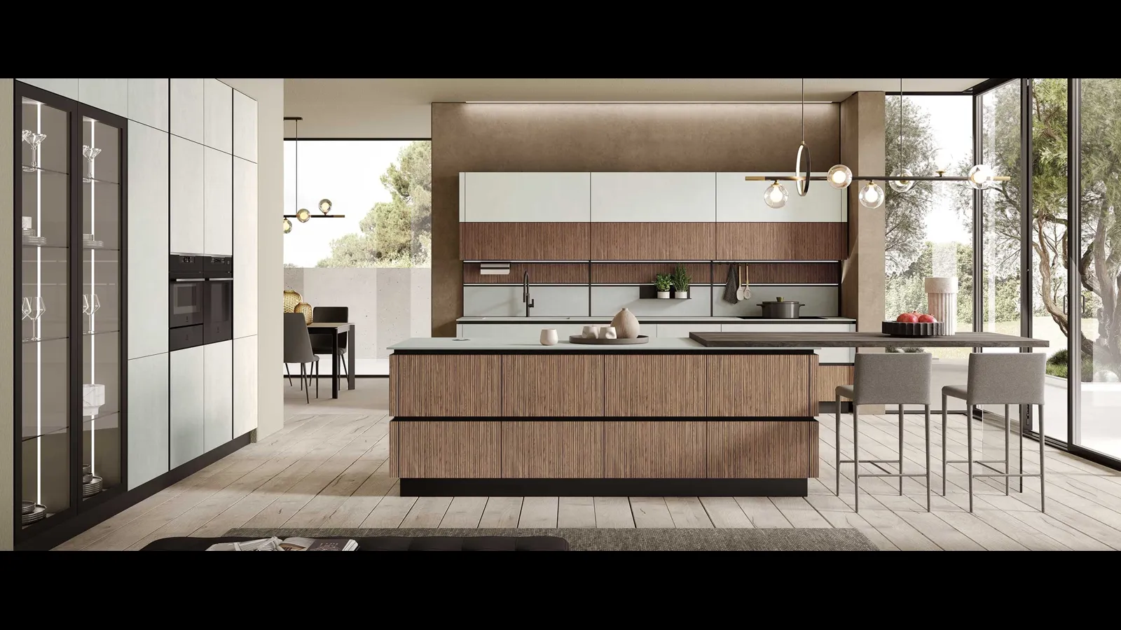 Cucina Moderna con isola Stratos in HPL cannettato noce chiaro e gres fokos sale di Mobilturi