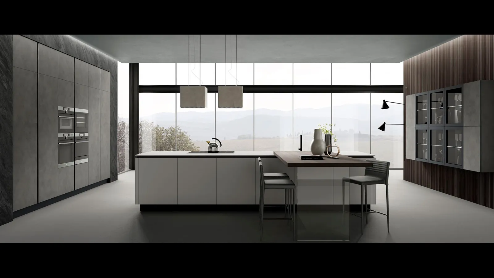 Cucina Moderna con isola Stratos in HPL grigio cemento e gesso di Mobilturi