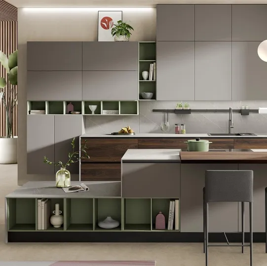 Cucina Moderna con isola Zante finitura rovere sigaro e matt visone di Mobilturi
